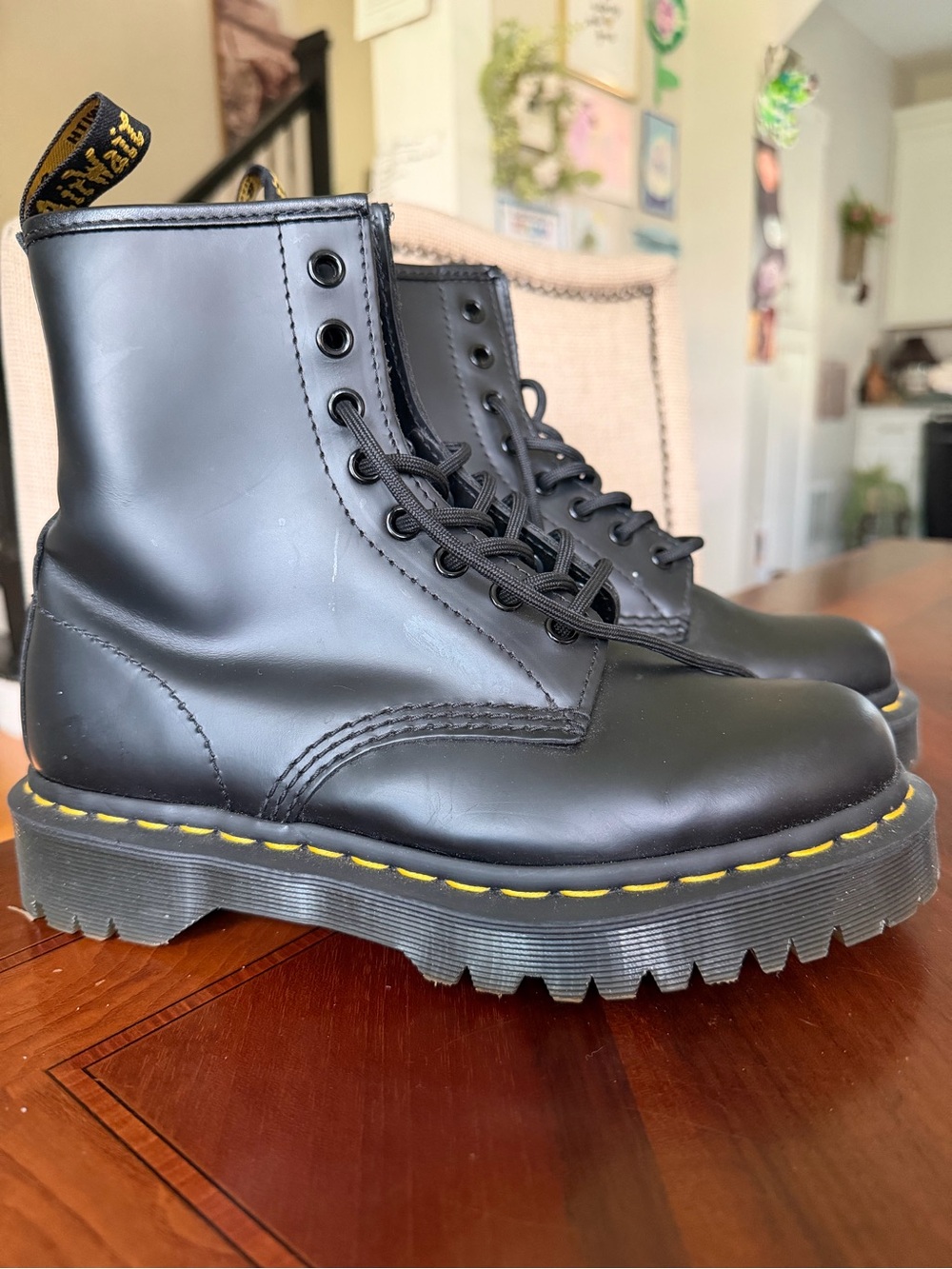 Dr. Martens Bex smooth Black Leather Lace-Up Combat Boots with Yellow Stitching - Picture 4 of 8